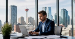 Profissional trabalhando no notebook em escritório com vista para a Calgary Tower, em Calgary, Canadá