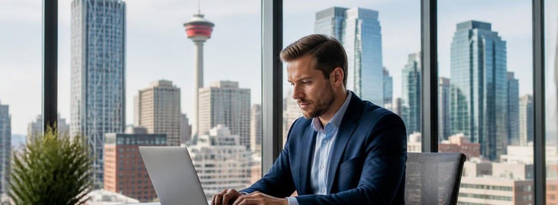 Profissional trabalhando no notebook em escritório com vista para a Calgary Tower, em Calgary, Canadá